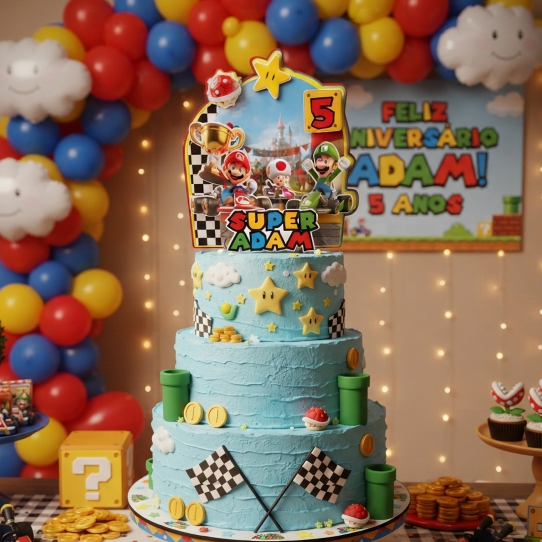 Handmade personalized Super Mario birthday cake topper featuring custom name and age with colorful layered party details.