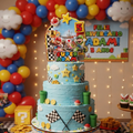 Personalized Super Mario cake decoration featuring custom name, age and dimensional layered details for a themed birthday party.