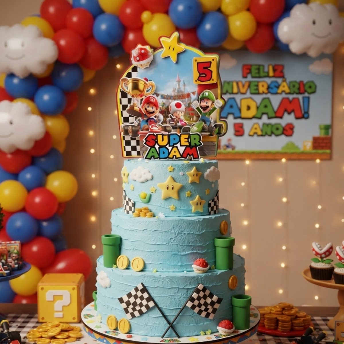 Personalized Super Mario cake decoration featuring custom name, age and dimensional layered details for a themed birthday party.