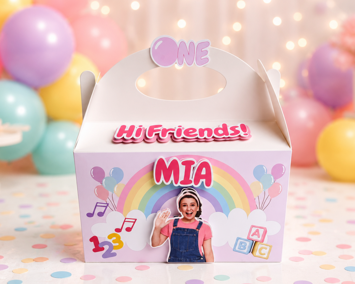 ms Raquel themed custom gable box party favor