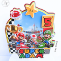 Handmade personalized Super Mario birthday cake topper featuring custom name and age with colorful layered party details.