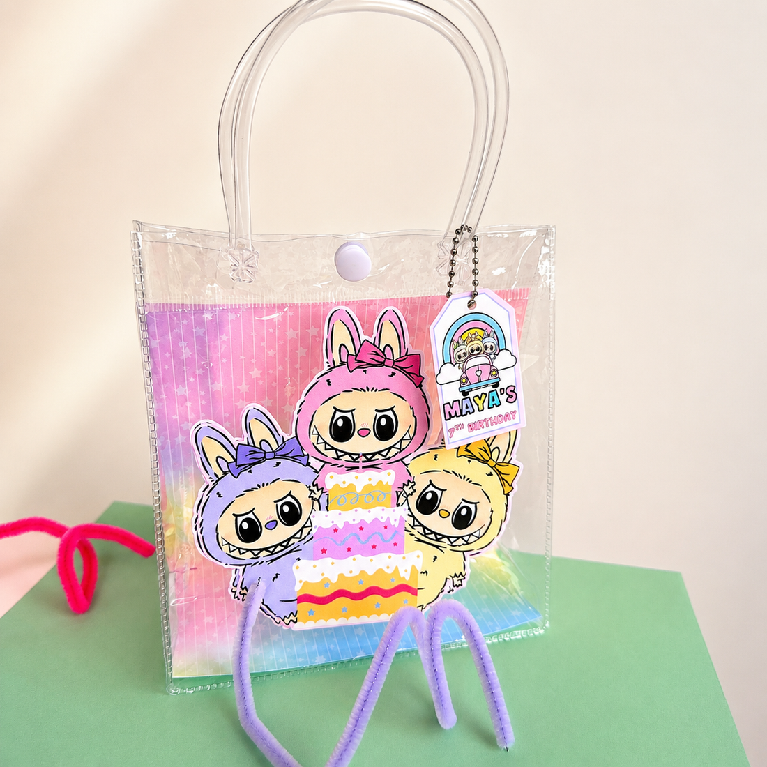 Personalized clear party favor bag with custom KATSEYE birthday theme, name and age